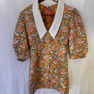 NWT Moodie Mini Dress Floral Jacquard Puff Sleeve Collared Retro '70s Y2K | L |